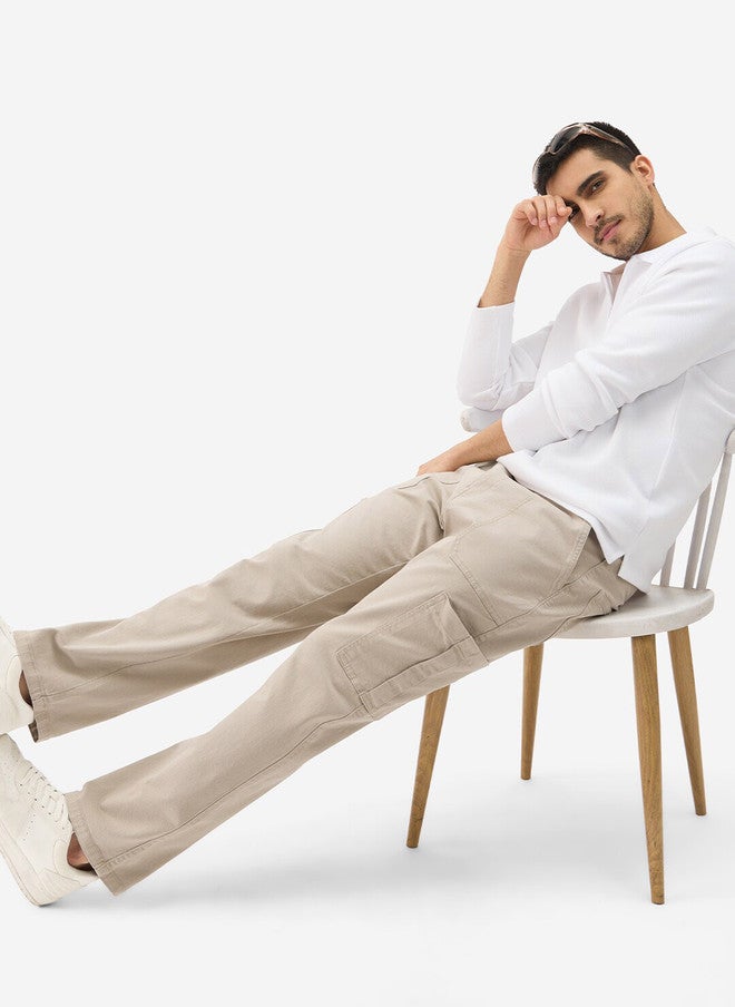 The Souled Store Men Beige Solid Cottonblend Straight Fit Cargo Jeans - Image 4