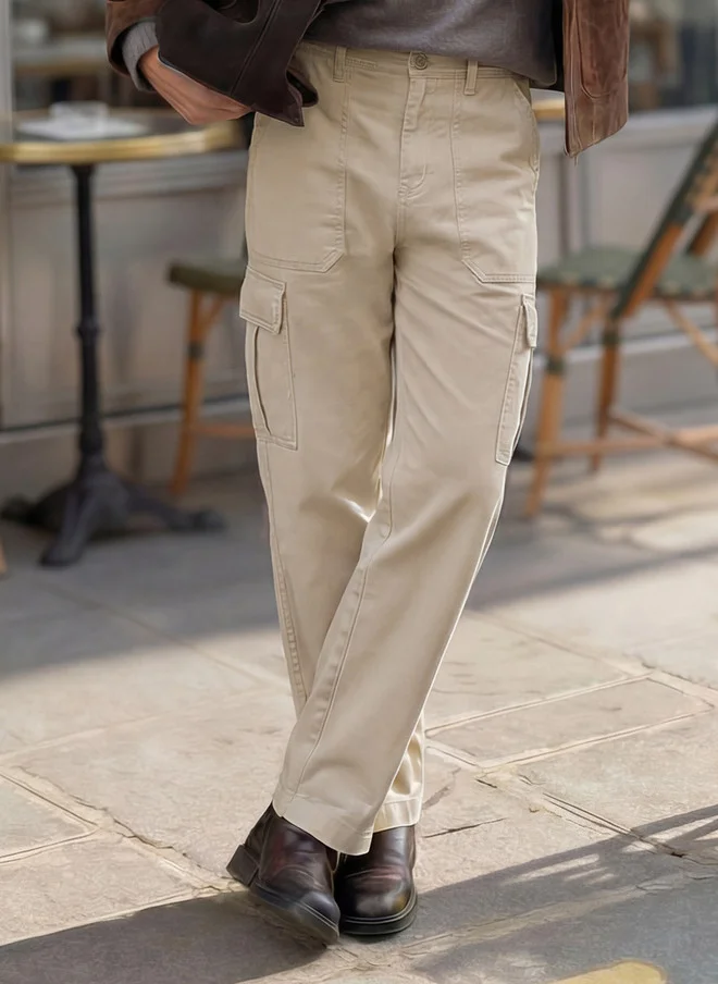 The Souled Store Men Beige Solid Cottonblend Straight Fit Cargo Jeans