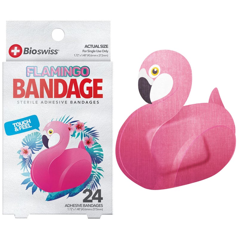 BioSwiss Kids Bandages, Flamingo Shaped Self Adhesive Bandage Set, Latex Free, Sterile Wound Care, 24 Count - Image 1