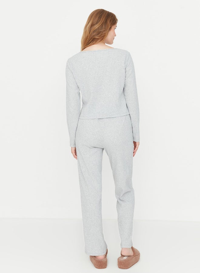 trendyol Gray Slogan Elastic Detailed Ribbed Knitted Pajama Set THMAW21PT0269 - Image 5