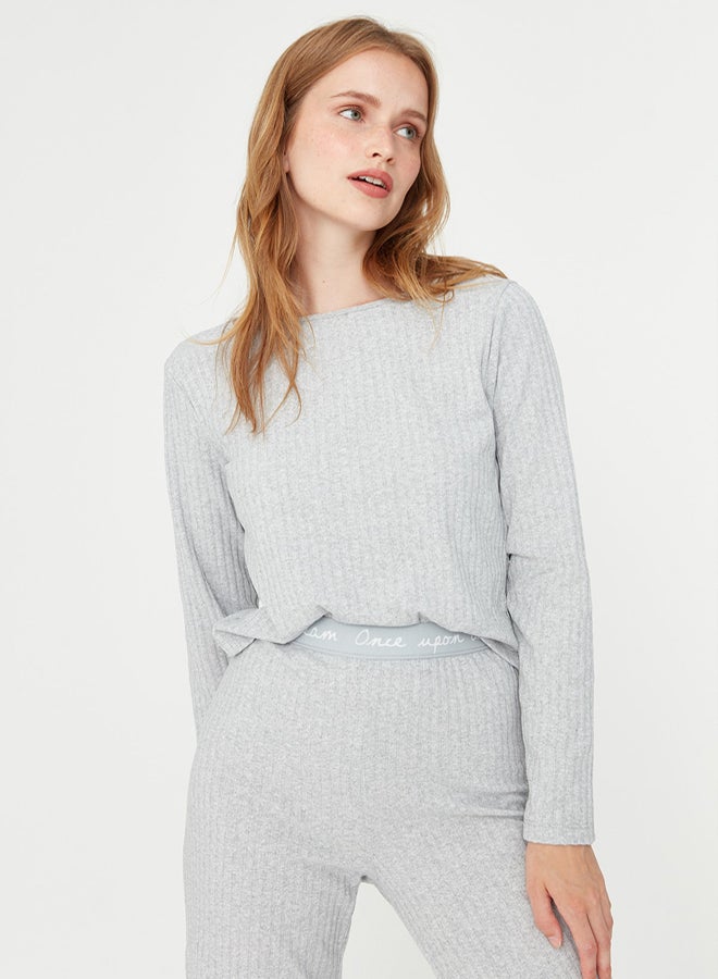 trendyol Gray Slogan Elastic Detailed Ribbed Knitted Pajama Set THMAW21PT0269 - Image 4