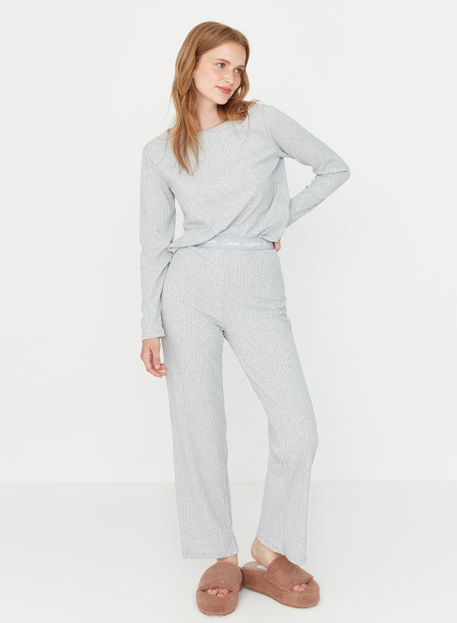 trendyol Gray Slogan Elastic Detailed Ribbed Knitted Pajama Set THMAW21PT0269 - Image 3