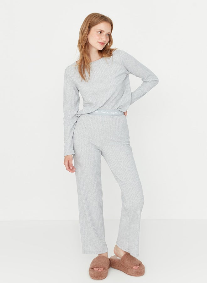 trendyol Gray Slogan Elastic Detailed Ribbed Knitted Pajama Set THMAW21PT0269 - Image 2