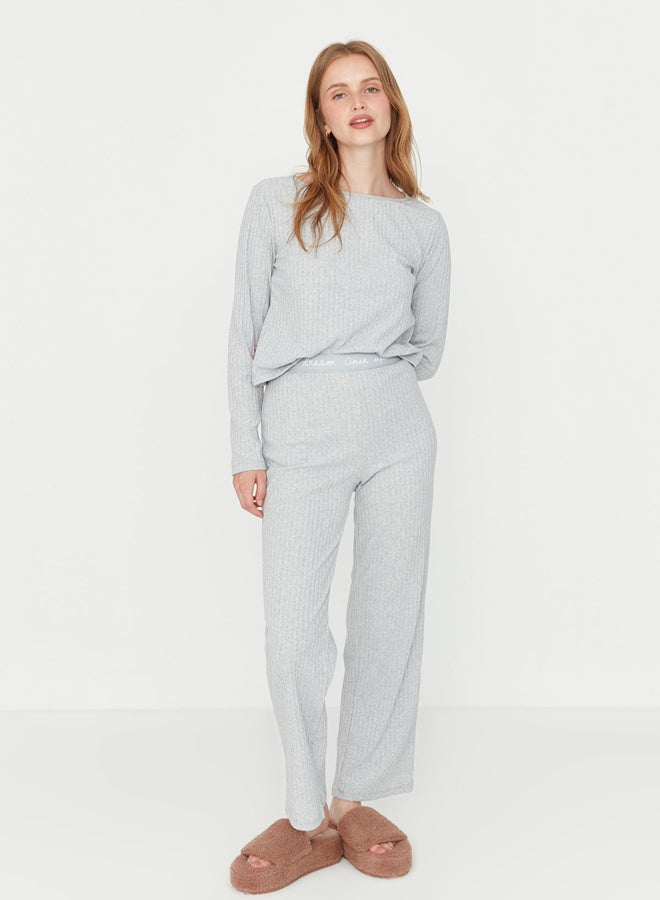 trendyol Gray Slogan Elastic Detailed Ribbed Knitted Pajama Set THMAW21PT0269 - Image 4