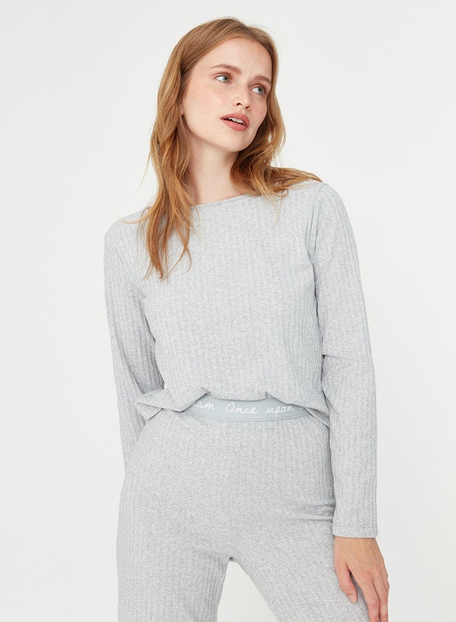 trendyol Gray Slogan Elastic Detailed Ribbed Knitted Pajama Set THMAW21PT0269 - Image 3