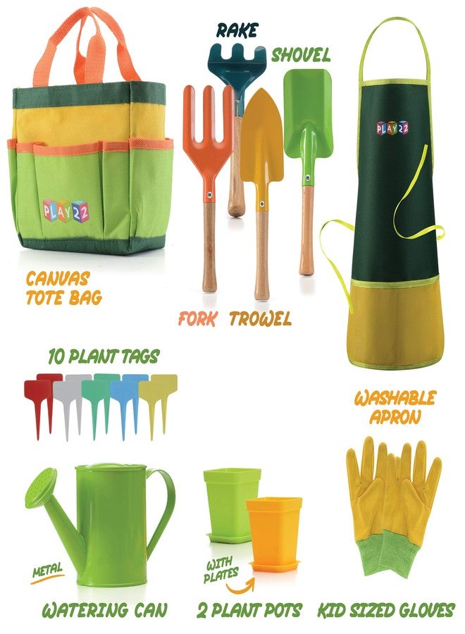 Play22 Kids Gardening Tool Set 12 PCS - Kids Gardening Tools Shovel Rake Fork Trowel Apron Gloves Watering Can and Tote Bag, Toddler Gardening Tools for Kids Best Outdoor Toys Gift for Boys and Girls - Image 3
