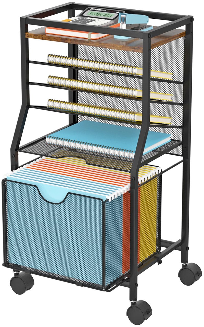 BOHDK Rolling File Cart, 6-Tier Desk File Organizer on Lockable Wheels, Black Wood Planks & Mesh Sliding Hanging Folder Drawer, Organization Cart for Office Home School - Image 1