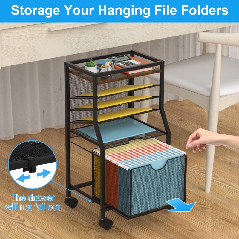 BOHDK Rolling File Cart, 6-Tier Desk File Organizer on Lockable Wheels, Black Wood Planks & Mesh Sliding Hanging Folder Drawer, Organization Cart for Office Home School - Image 4