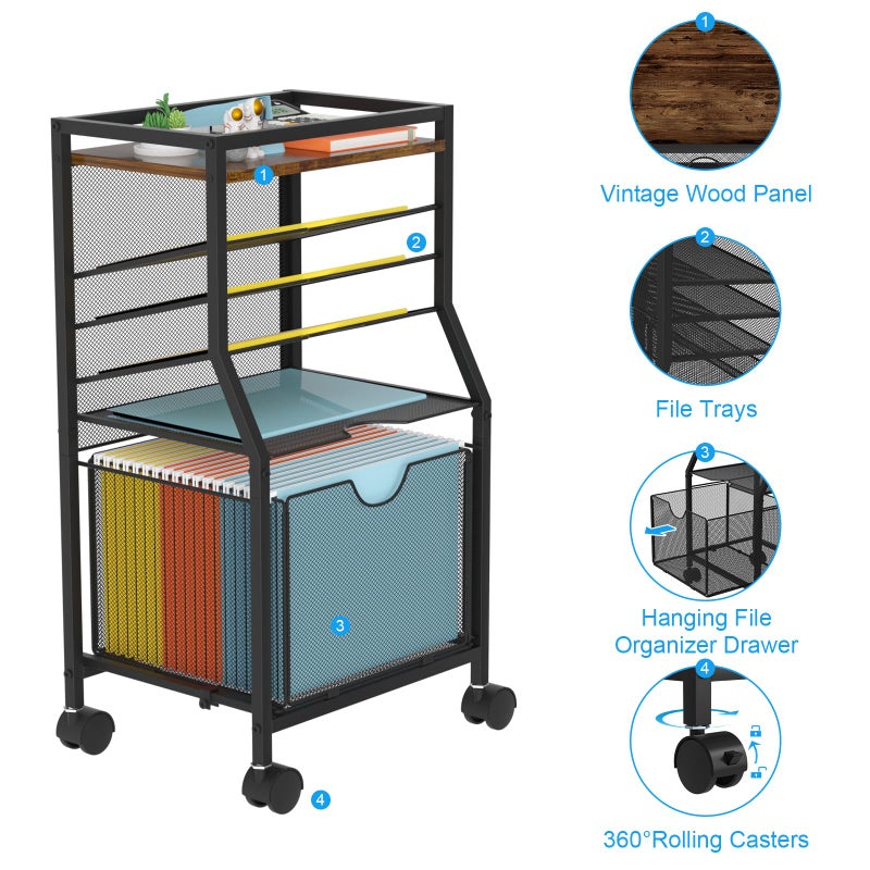 BOHDK Rolling File Cart, 6-Tier Desk File Organizer on Lockable Wheels, Black Wood Planks & Mesh Sliding Hanging Folder Drawer, Organization Cart for Office Home School - Image 5