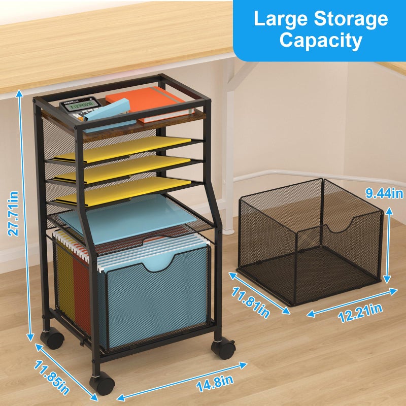 BOHDK Rolling File Cart, 6-Tier Desk File Organizer on Lockable Wheels, Black Wood Planks & Mesh Sliding Hanging Folder Drawer, Organization Cart for Office Home School - Image 2