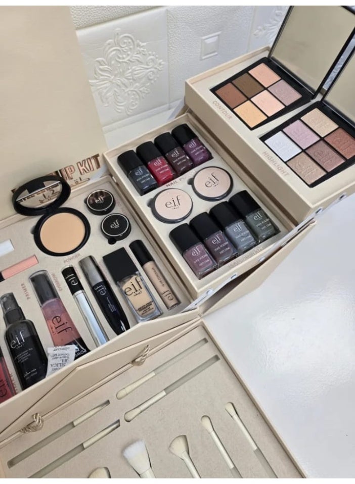 elf Original Deluxe Full Makeup Kit - High Quality Multi-Layer Cosmetics Box, 48 Pcs Set with High-Stay Lipstick & Eyeshadow - Beige - Image 2