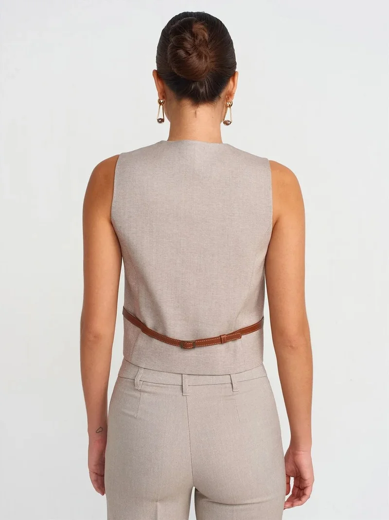 ديلفين Dilvin Belted Cropped V-Neck Waistcoat