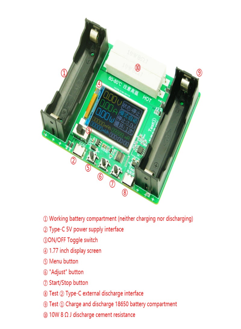 18650 Lithium Battery Capacity Tester 1.77inch Display Internal Resistance Measurement Module Type-C Interface with Battery Capacity Division and Running Cycle Function - Image 5