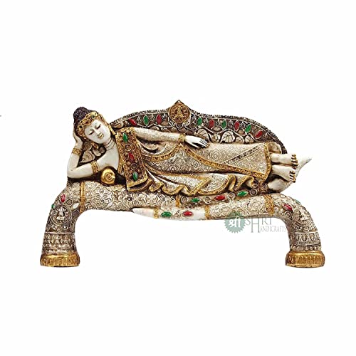 INDICAST 15" Handmade Buddha Sleeping Murti Stone Finish Meditating Idol Gifts Antique Design for Home Decoration, Living Room Bedroom(White) - Image 2