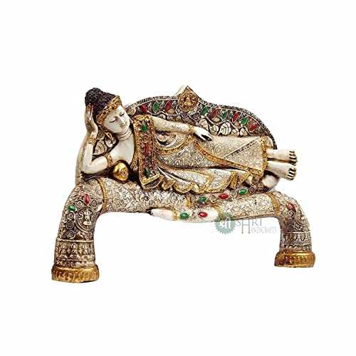 INDICAST 15" Handmade Buddha Sleeping Murti Stone Finish Meditating Idol Gifts Antique Design for Home Decoration, Living Room Bedroom(White) - Image 3