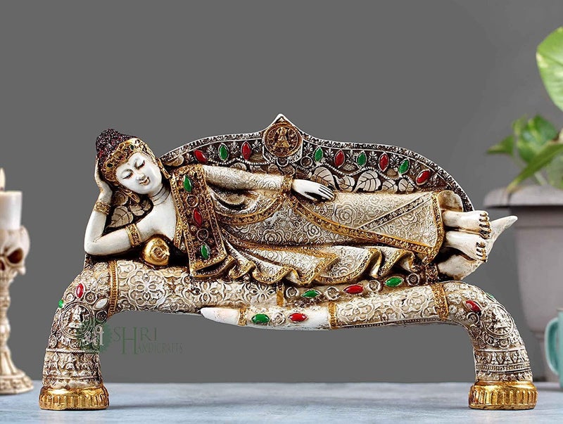 INDICAST 15" Handmade Buddha Sleeping Murti Stone Finish Meditating Idol Gifts Antique Design for Home Decoration, Living Room Bedroom(White) - Image 1