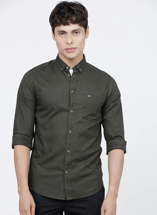 The Indian Garage Co Men Olive Slim Fit Button-Down Collar Shirt