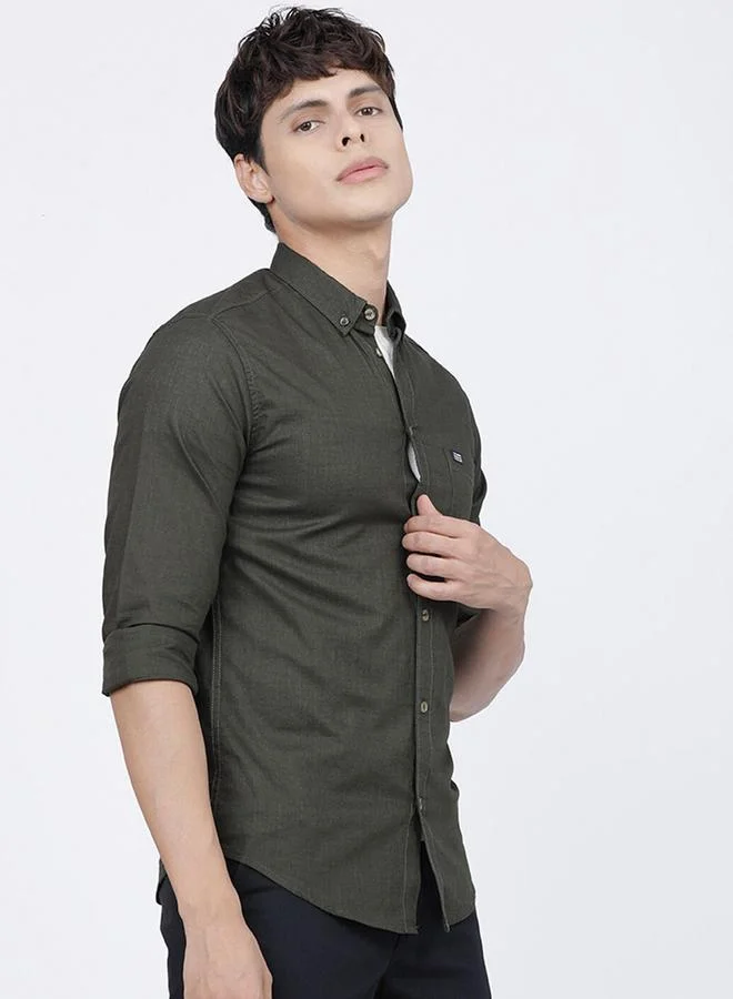 The Indian Garage Co Men Olive Slim Fit Button-Down Collar Shirt