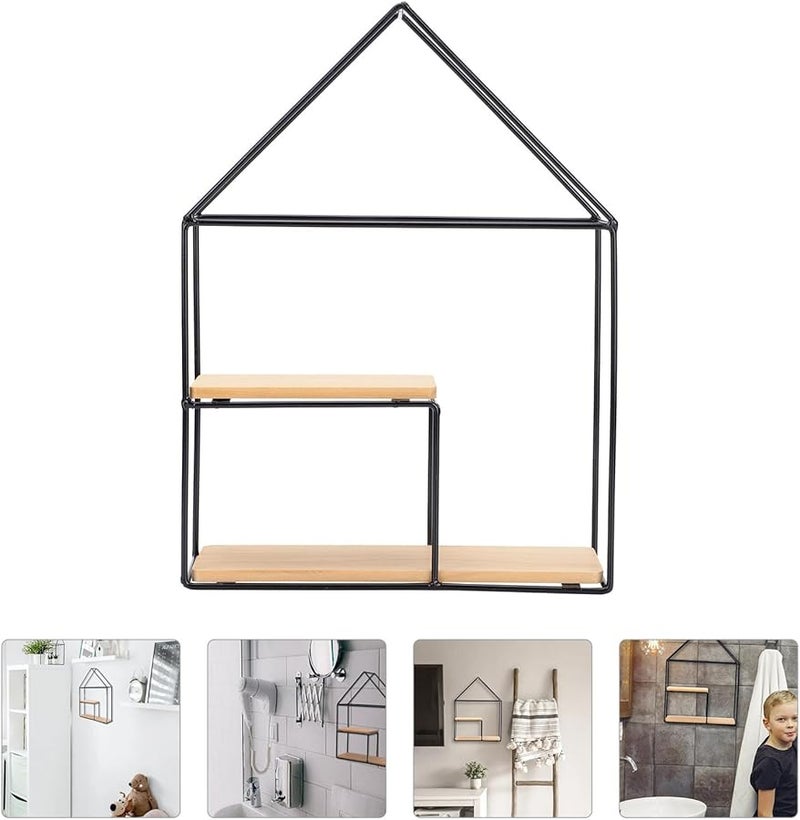 رف حائط حديدي على الطراز الاسكندنافي مع إطار خشبي، منظم معلق أسود - Image 5