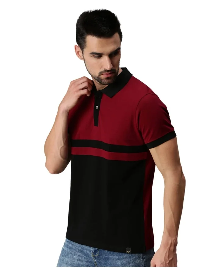 Veirdo Veirdo® Men's Cotton Half Sleeve Regular Fit Polo Neck T-Shirt Colour Block Pattern (P-22_BLKMRN_M_Multicolored_Medium)