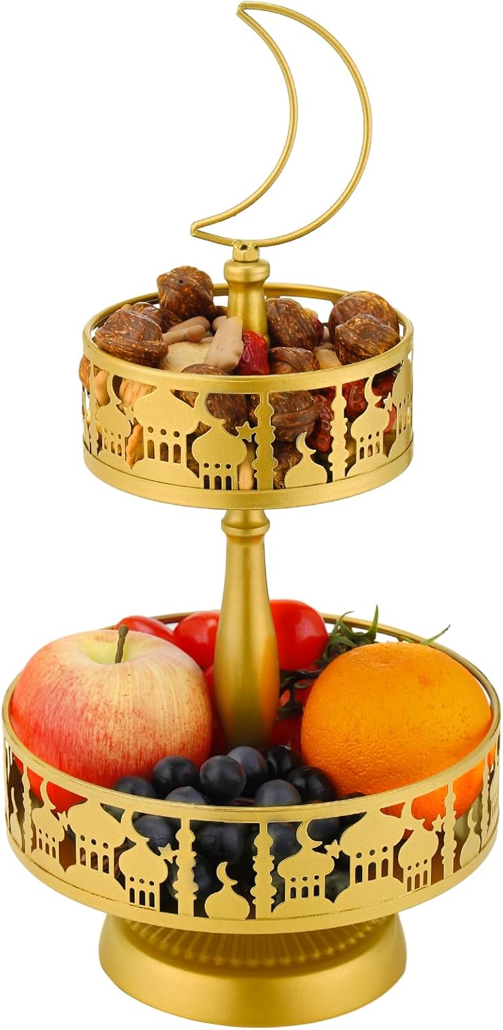Acostop Ramadan Serving Trays  2 Tiered Metal Platters Eid Mubarak Islam Muslim AlFitr Iftar Party Food Serving Tray Ramadan Decoration for Home Breakfast Dinner Table Decor Gold Castle - Image 1