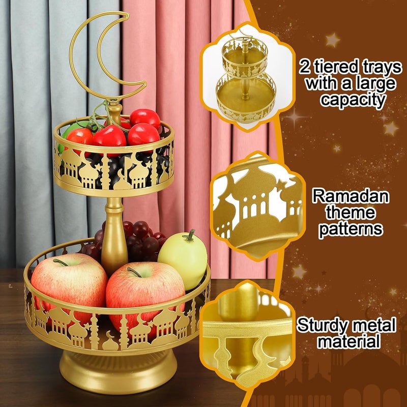 Acostop Ramadan Serving Trays  2 Tiered Metal Platters Eid Mubarak Islam Muslim AlFitr Iftar Party Food Serving Tray Ramadan Decoration for Home Breakfast Dinner Table Decor Gold Castle - Image 3