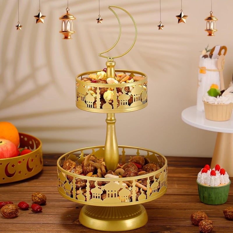 Acostop Ramadan Serving Trays  2 Tiered Metal Platters Eid Mubarak Islam Muslim AlFitr Iftar Party Food Serving Tray Ramadan Decoration for Home Breakfast Dinner Table Decor Gold Castle - Image 2
