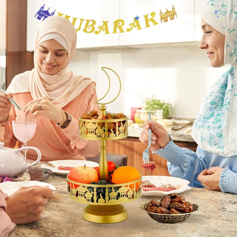Acostop Ramadan Serving Trays  2 Tiered Metal Platters Eid Mubarak Islam Muslim AlFitr Iftar Party Food Serving Tray Ramadan Decoration for Home Breakfast Dinner Table Decor Gold Castle - Image 4
