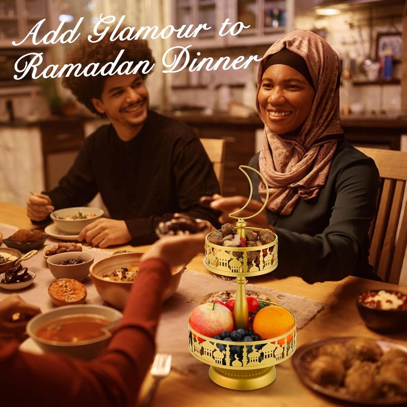 Acostop Ramadan Serving Trays  2 Tiered Metal Platters Eid Mubarak Islam Muslim AlFitr Iftar Party Food Serving Tray Ramadan Decoration for Home Breakfast Dinner Table Decor Gold Castle - Image 5
