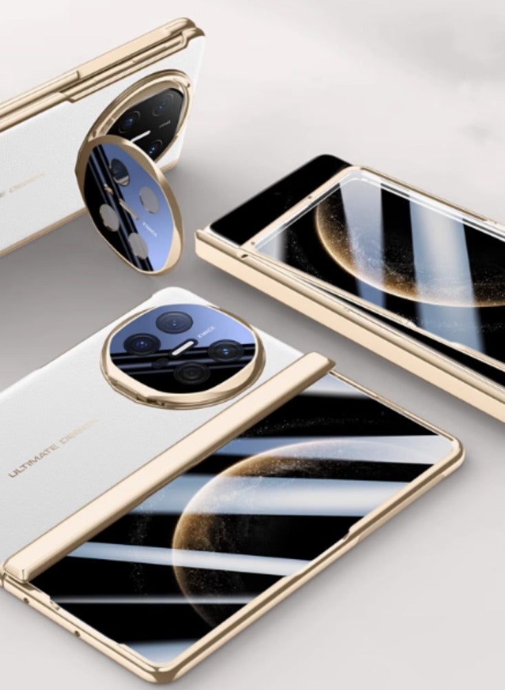 Arabest Huawei Mate X6 Protective Case in Electroplated Leather Grain with Hinge, Fine Hole Lens Bracket, and Folding Screen Cover in Nebula White Color.