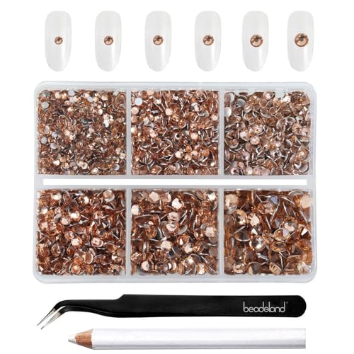 Beadsland 4300pcs Flatback Rhinestones Champagne Rhinestone Nail Gems Round Crystal Rhinestones for CraftsMixed 6 Sizes with Picking Tweezers and Wax Pencil Kit SS6SS20 Light Peach - Image 1