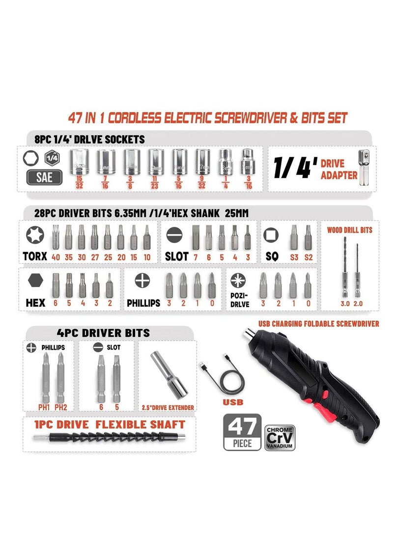 Y&D - Electric Screwdriver, 4.2V Cordless Screwdriver Rechargeable with 44pcs Bit Set, Front LED Light, Flexible Shaft Carrying Case, Easy for Small Home Projects, Micro USB - Image 1