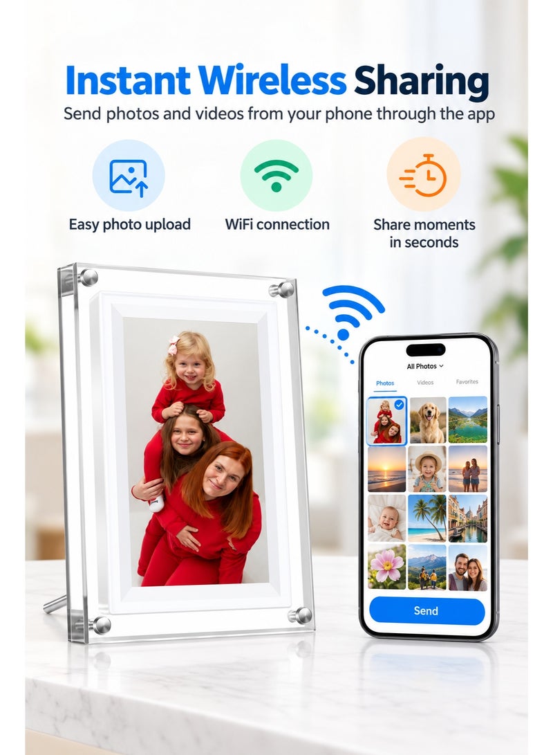 Bluejw 7 Inch WiFi Digital Photo Frame, Acrylic HD IPS Smart Photo Frame with App Photo & Video Sharing, 8GB Memory, 1500mAh Battery, Calendar, Portrait & Landscape Display, USB Cable Included - Image 3