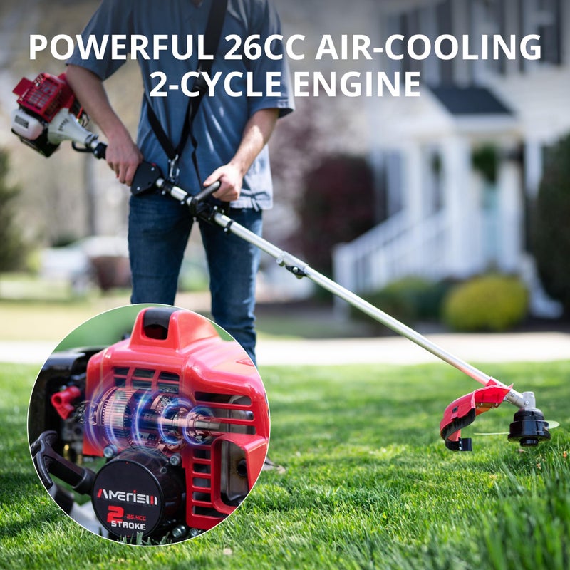 AMERISUN 2-in-1 Gas Brush Cutter & String Trimmer, 26cc 2-Cycle Weed Wacker with 16" Cutting Path & 10" Metal Blade, Gas Powered Grass Trimmer for Thick Brush, Overgrown Weeds & Lawn Maintenance - Image 2