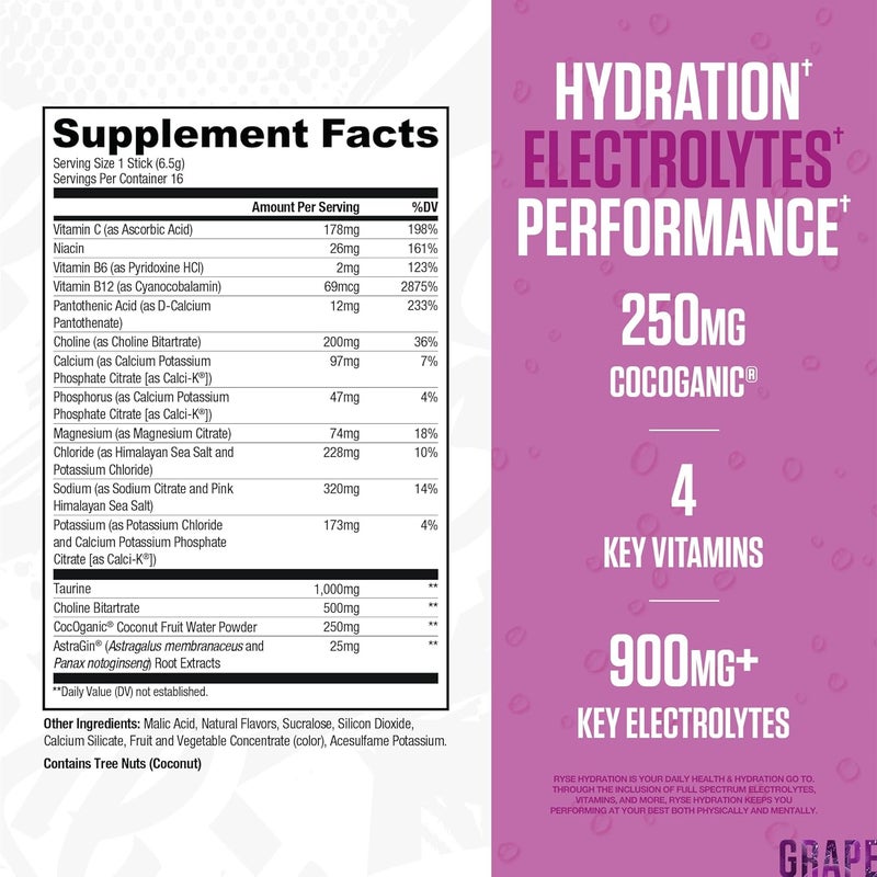 RYSE Up Supplements RYSE Hydration Electrolyte Powder Drink Mix Packets  KoolAid Grape  SugarFree Full Spectrum Electrolytes with Essential Vitamins Taurine and Choline for Rehydration  16 Serving Sticks - Image 2