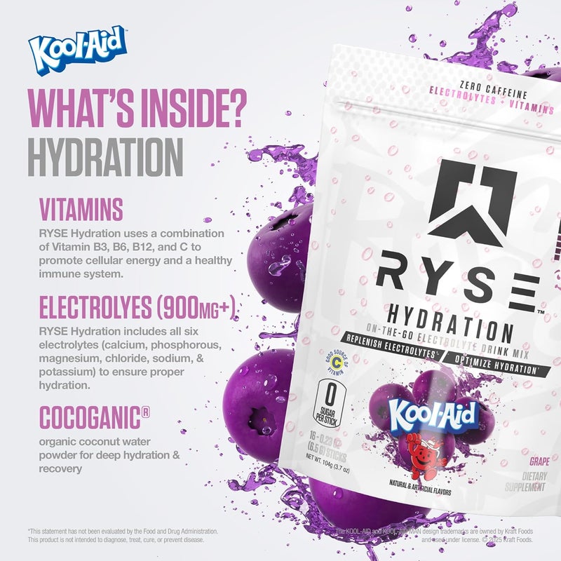 RYSE Up Supplements RYSE Hydration Electrolyte Powder Drink Mix Packets  KoolAid Grape  SugarFree Full Spectrum Electrolytes with Essential Vitamins Taurine and Choline for Rehydration  16 Serving Sticks - Image 4