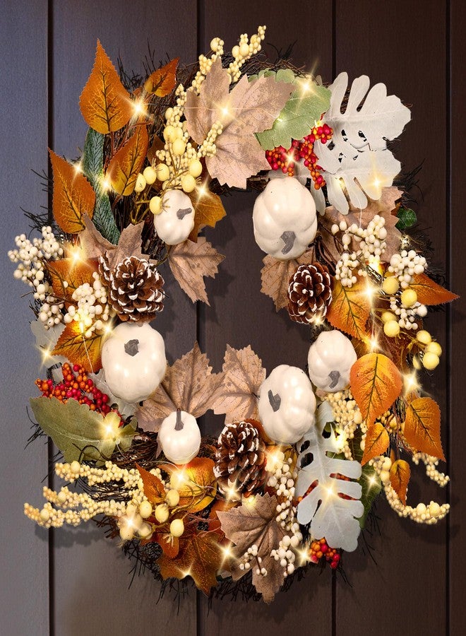 UNISTAR 20 Inch Thanksgiving Fall Wreath for Front Door with Light Porch Window Autumn Wreaths with Pumpkin Berries All Season Indoor Outdoor Window Decor for Harvest Holiday Celebrations - Image 1