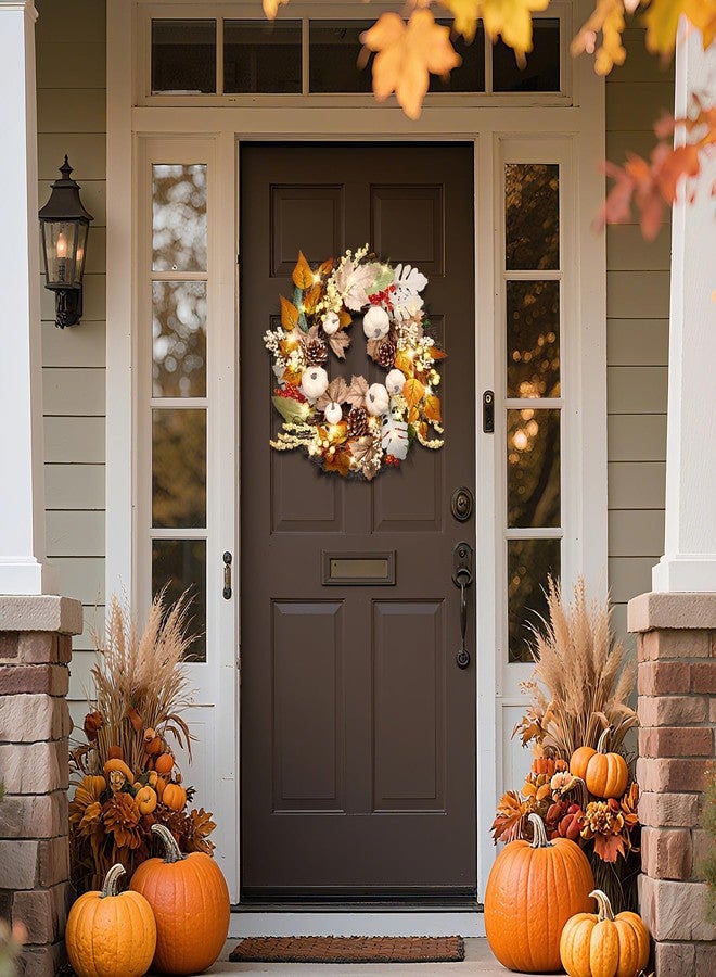 UNISTAR 20 Inch Thanksgiving Fall Wreath for Front Door with Light Porch Window Autumn Wreaths with Pumpkin Berries All Season Indoor Outdoor Window Decor for Harvest Holiday Celebrations - Image 4