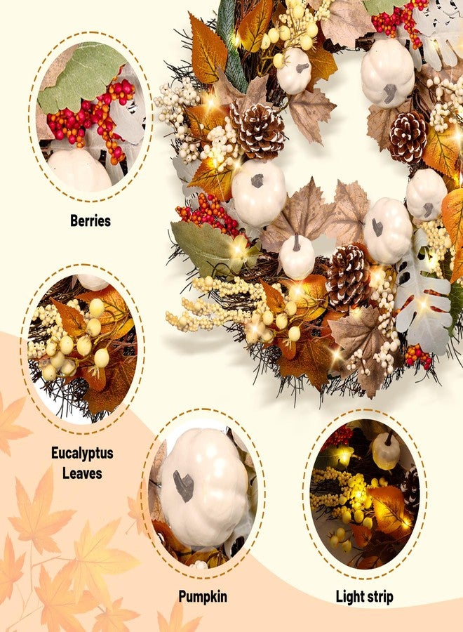 UNISTAR 20 Inch Thanksgiving Fall Wreath for Front Door with Light Porch Window Autumn Wreaths with Pumpkin Berries All Season Indoor Outdoor Window Decor for Harvest Holiday Celebrations - Image 3