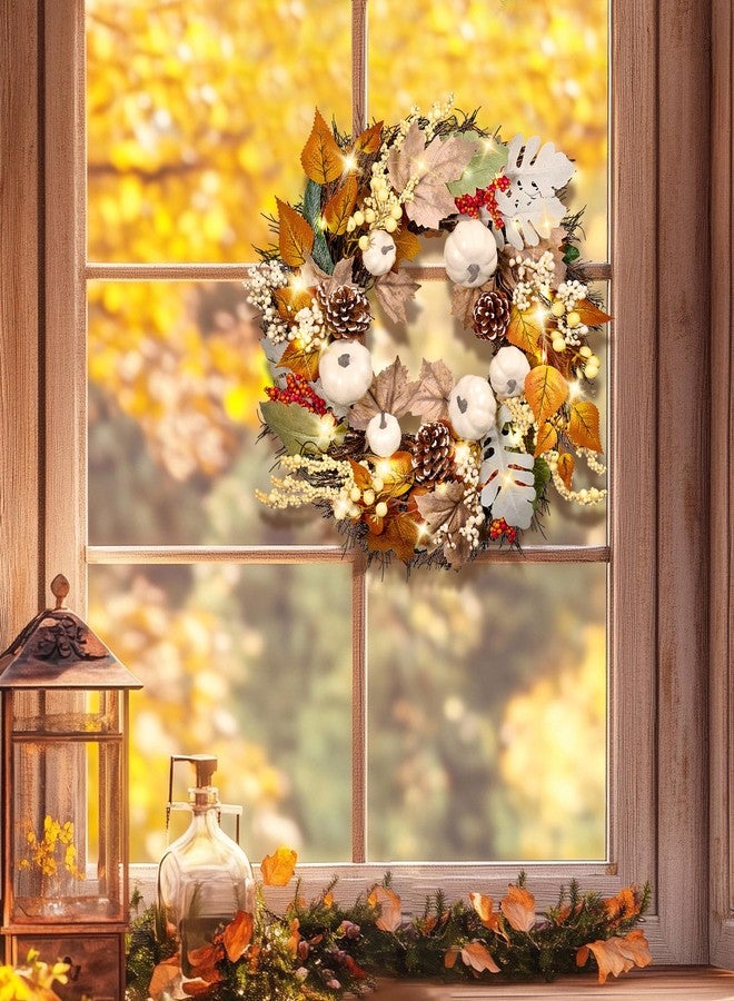 UNISTAR 20 Inch Thanksgiving Fall Wreath for Front Door with Light Porch Window Autumn Wreaths with Pumpkin Berries All Season Indoor Outdoor Window Decor for Harvest Holiday Celebrations - Image 5