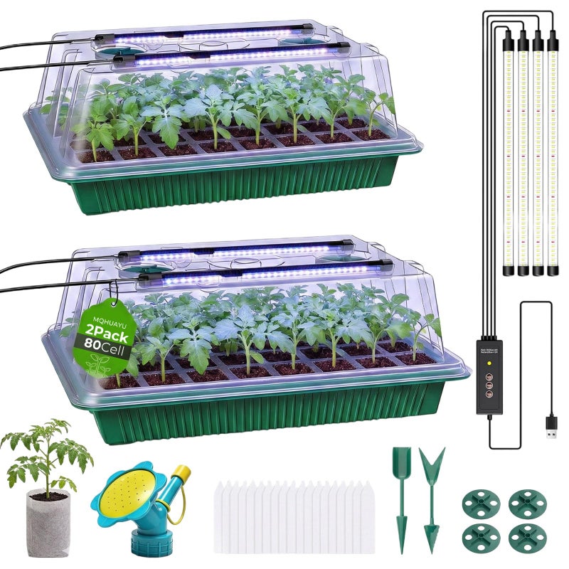 MQHUAYU Seed Starter Tray with Grow Light, 2 Pack 80-Cell Seedling Starter Kit with Smart Timer & Humidity Dome, Indoor Plant Germination Kit with 100pcs Nursery Bags & 2-in-1 Sprinkler for Seed Starting - Image 1