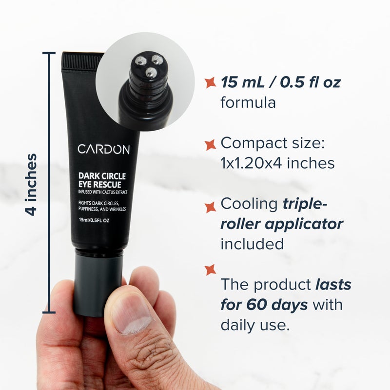Cardon كاردون | إنقاذ الدوائر الداكنة للرجال والنساء | رولر تحت العين، عصا تدليك للعيون المنتفخة، الدوائر الداكنة، الأكياس، التجاعيد | مصنوع من الببتيدات، النياسيناميد، حمض الهيالورونيك - Image 4
