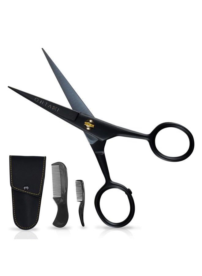 ONTAKI 5" Professional German Beard & Mustache Scissors With 2 Comb & Carrying Pouch for Men Hand Forged Bevel Edge For Precision - Perfect Facial Hair Grooming Kit All Body Hair (Black) - Image 1