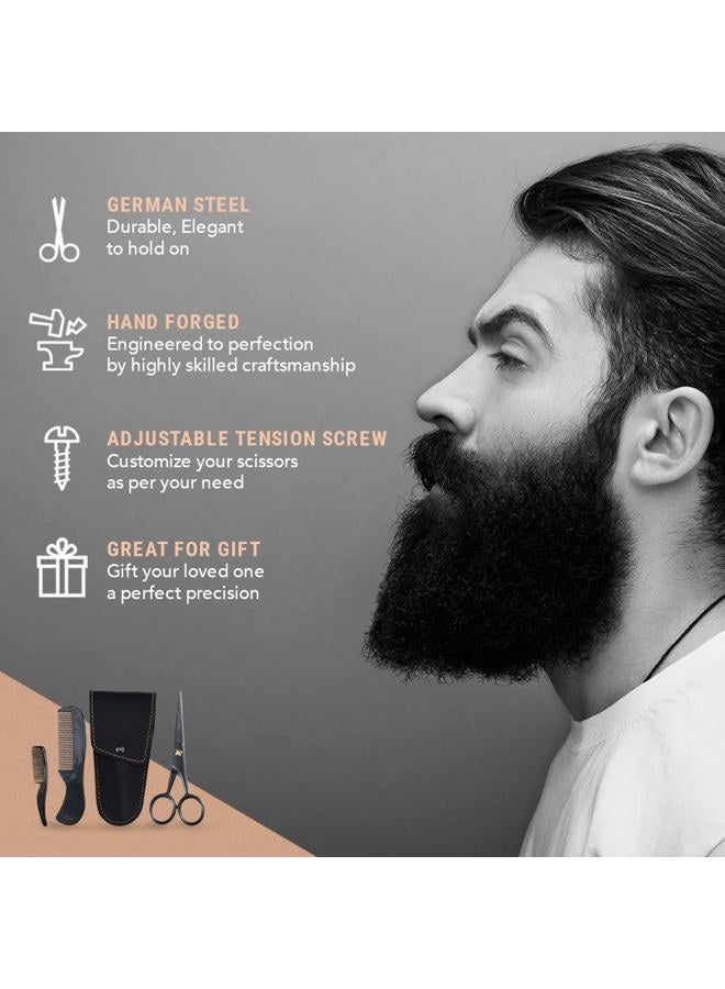 ONTAKI 5" Professional German Beard & Mustache Scissors With 2 Comb & Carrying Pouch for Men Hand Forged Bevel Edge For Precision - Perfect Facial Hair Grooming Kit All Body Hair (Black) - Image 3