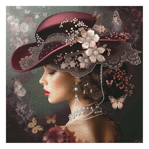 PPuzzling Elegant Victorian Lady Puzzle 1000 Pieces for Adults Vintage Woman with Red Hat Pearls Flowers and Butterflies Jigsaw Puzzle Challenging Retro Classic Aesthetic Art Puzzle - Image 5