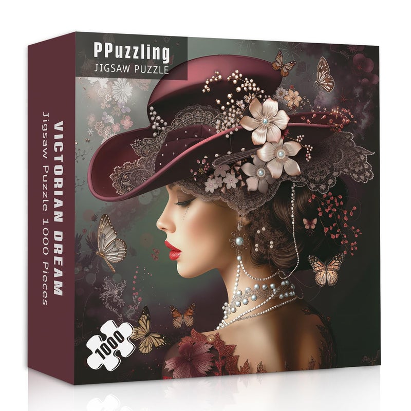 PPuzzling Elegant Victorian Lady Puzzle 1000 Pieces for Adults Vintage Woman with Red Hat Pearls Flowers and Butterflies Jigsaw Puzzle Challenging Retro Classic Aesthetic Art Puzzle - Image 3