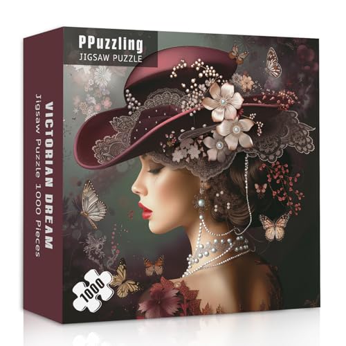 PPuzzling Elegant Victorian Lady Puzzle 1000 Pieces for Adults Vintage Woman with Red Hat Pearls Flowers and Butterflies Jigsaw Puzzle Challenging Retro Classic Aesthetic Art Puzzle - Image 1
