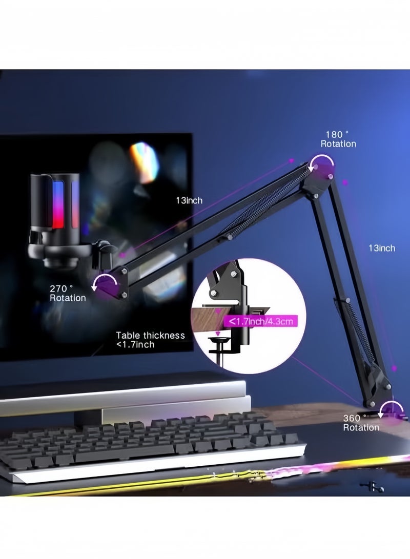 Gaming USB Microphone, Noise Cancellation Condenser Mic with Boom Arm, Podcast Microphones RGB Computer Mic, Streaming Microphone with Pop Filter, Mute Button, Gain for Recording - Image 2