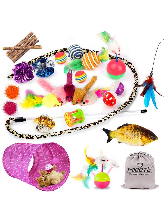 MIBOTE 28Pcs Cat Toys Kitten Toys Assorted, Cat Tunnel Catnip Fish Feather Teaser Wand Fish Fluffy Mouse Mice Balls and Bells Toys for Indoor Cat Puppy Kitty Interactive Cat Toy Set - Image 1