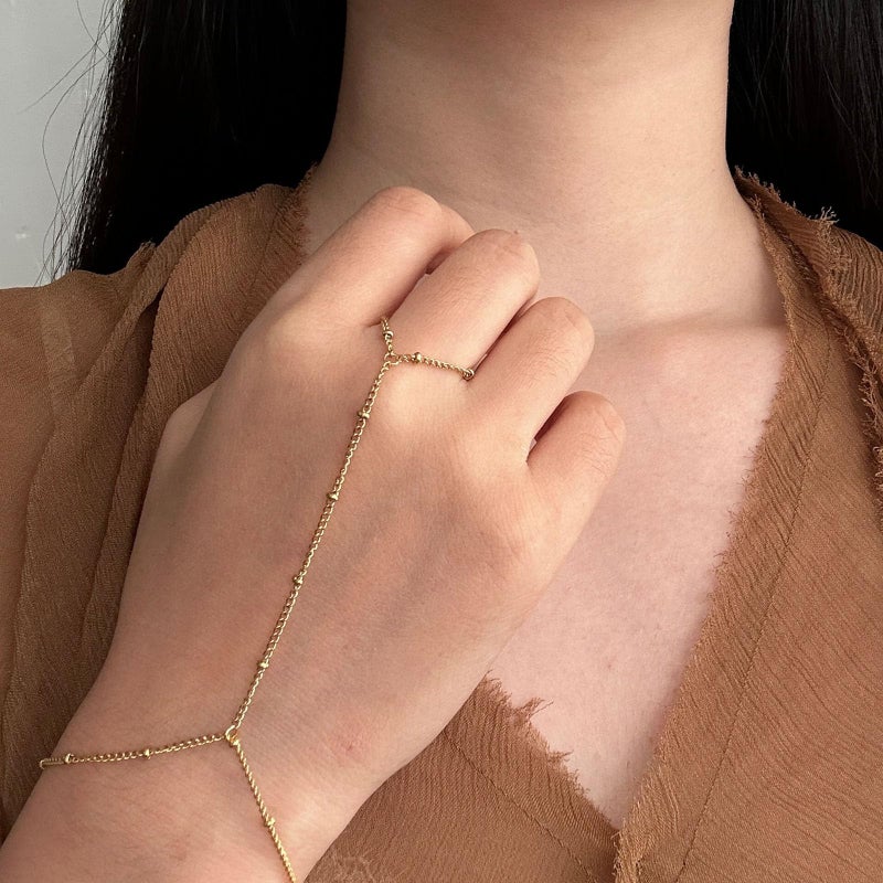 HTH Ring Bracelet Hand Chain for Women Adjustable Stainless Steel Beaded chain Finger Ring Bracelet(Gold) - Image 4